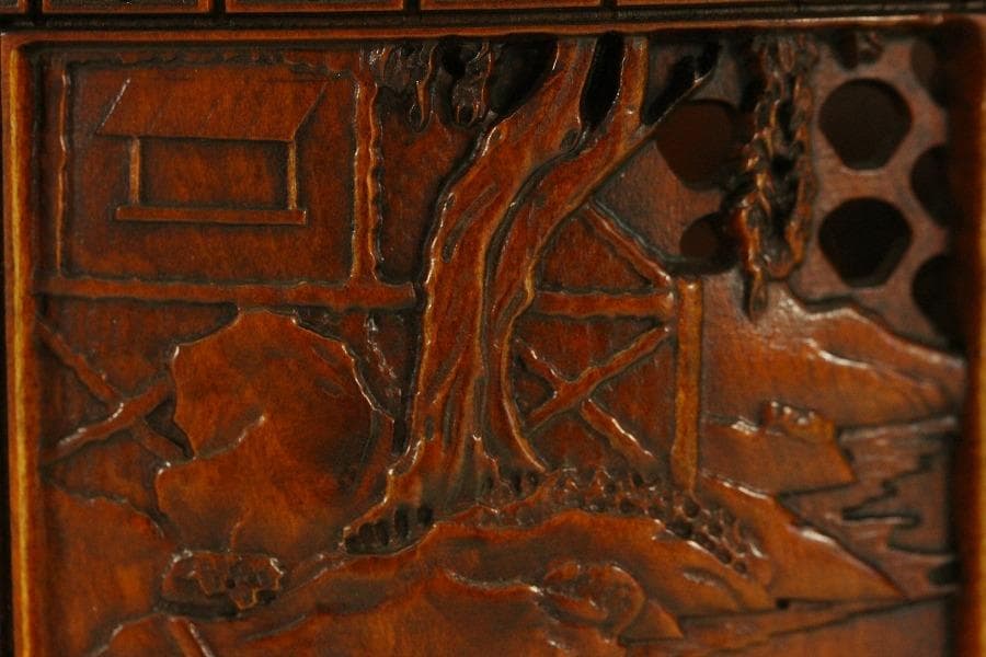 中国美術 高揚木 刻 人物紋 印籠 蓋提物 細密彫刻 高9cm(HA403)