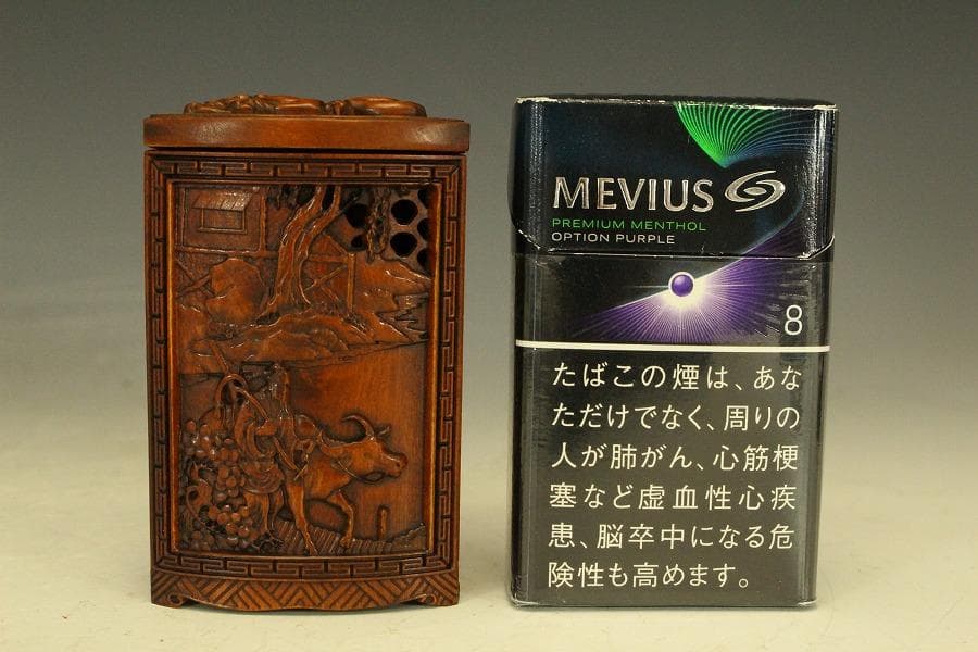 中国美術 高揚木 刻 人物紋 印籠 蓋提物 細密彫刻 高9cm(HA403)