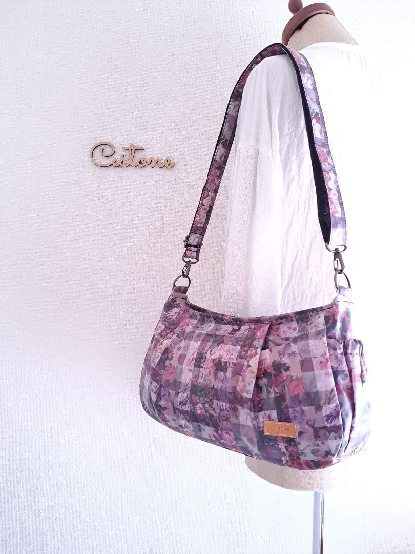 アーカイブギンガムパープル　横長ショルダーBag　持ち手別売り共布ショルダー紐付