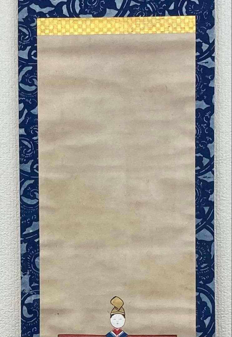 B316b「古画 色彩立雛図」掛軸　作者不詳　桃の節句　葵紋竹屋町裂・和紙表装