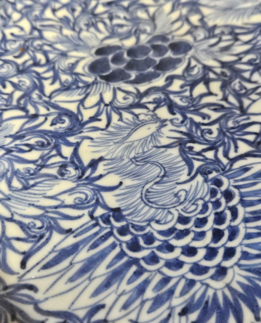 江戸時代後期　古伊万里　染付　鳳凰に牡丹唐草文様　大皿　兜皿　径 約40.8cm