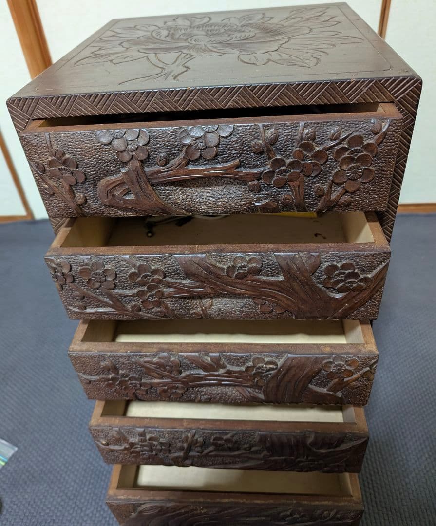 日光彫り木製 5段引き出し 小物収納