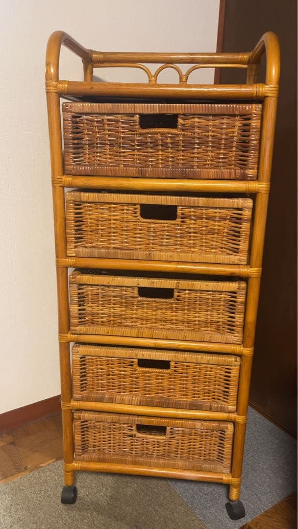 籐製 5段ラック収納ボックス アンティーク 送料元払い(直接引取-¥8,600)