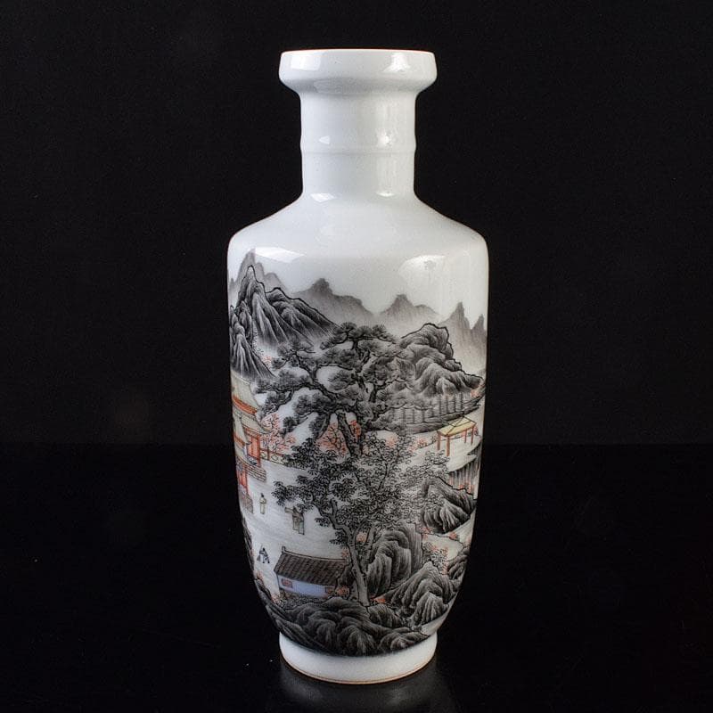 中国　居仁堂製款　山水人物文　盤口瓶　V　R9257