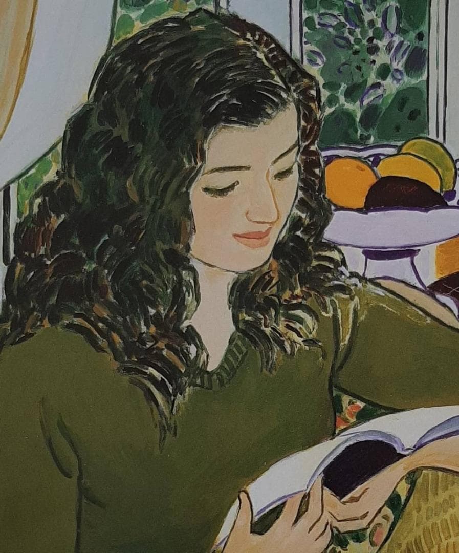 坂口紀良、「窓辺の読書」、希少画集の額装画、人気作品