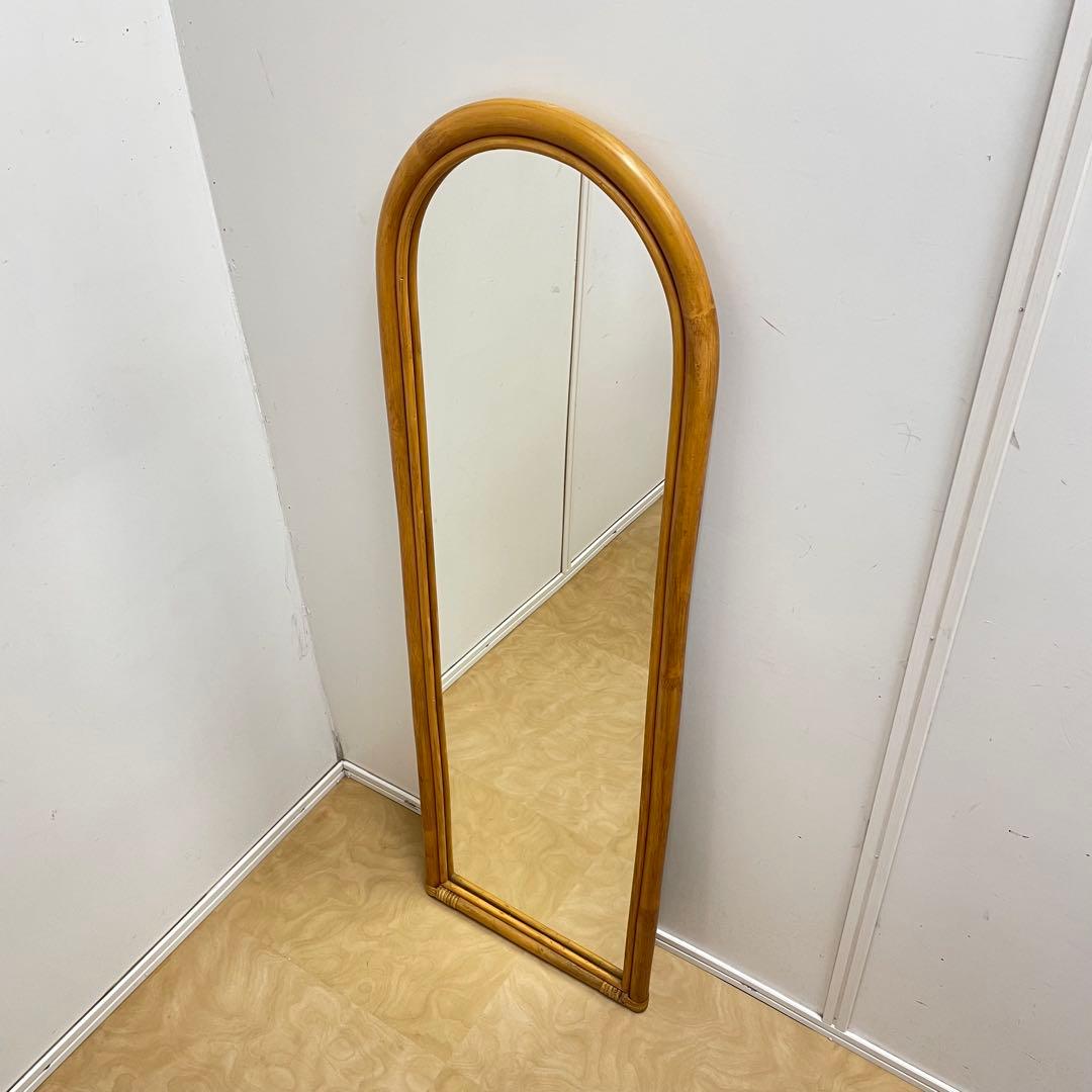 籐ラタン 大型ミラー 鏡 壁掛け アーチ型 全身 姿見 アンティーク ビンテージ