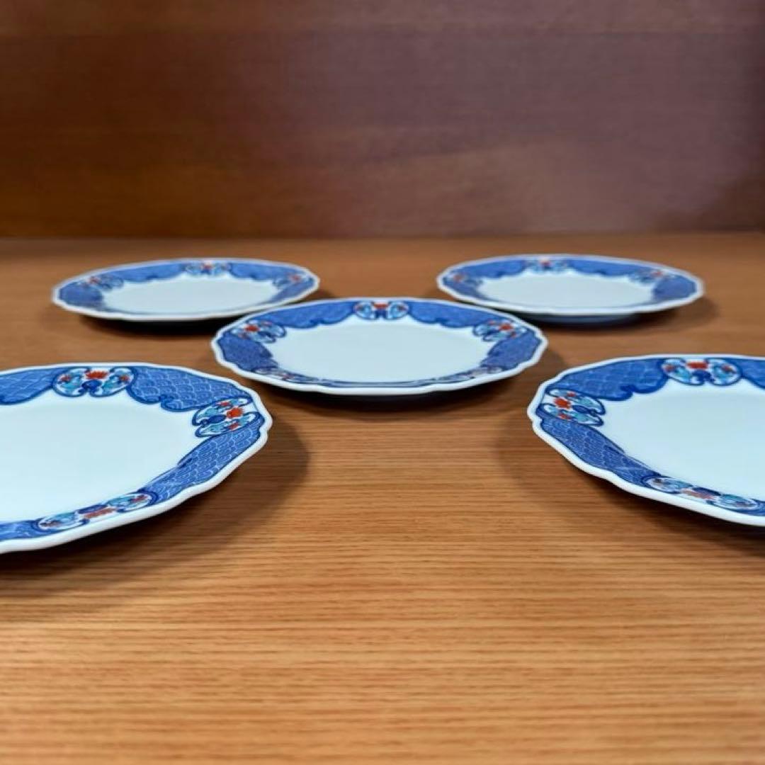 伊万里焼 畑萬陶苑：色絵墨弾き青海波唐花紋 木瓜型5寸皿 5枚組☆