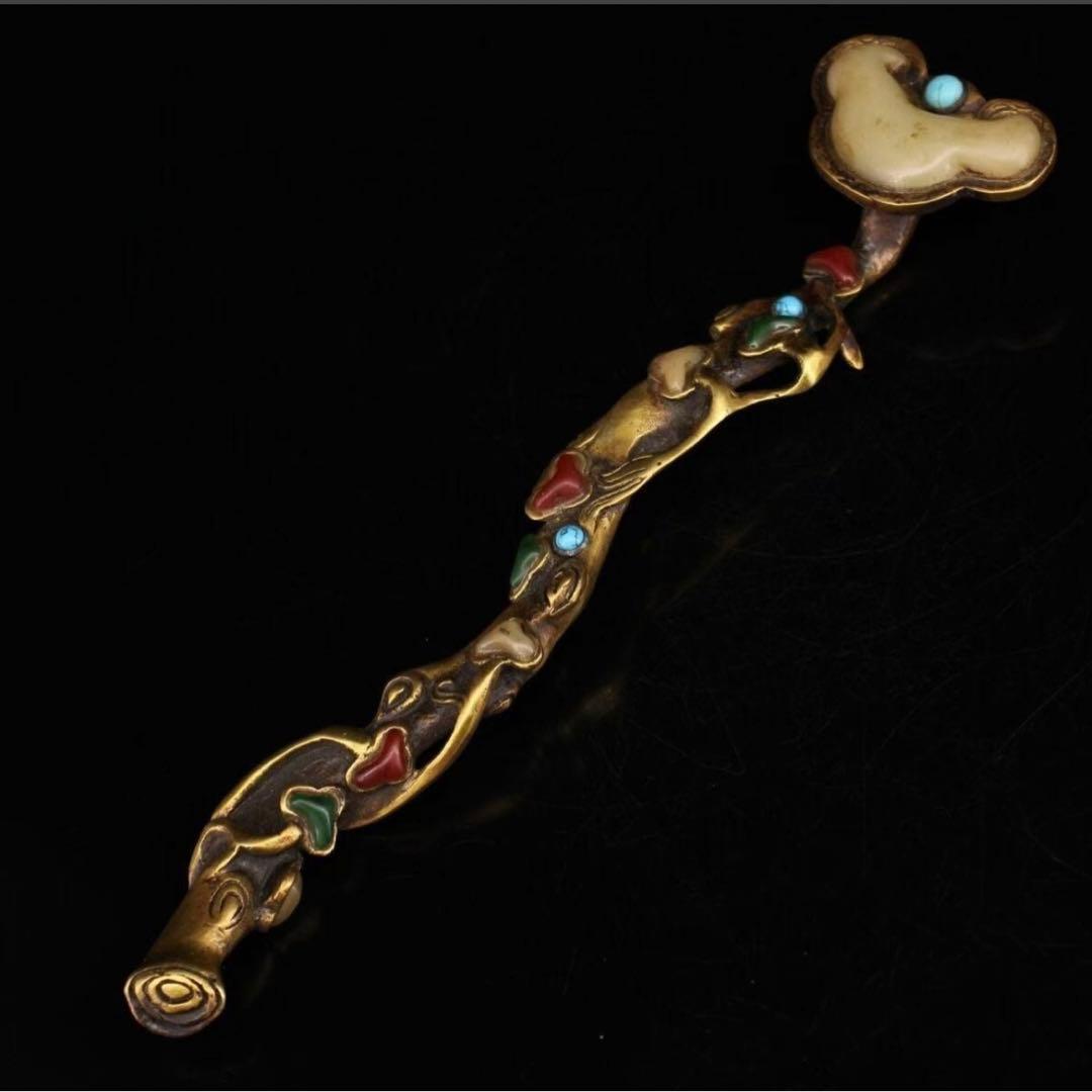 中国古玩 清代銅嵌宝石霊芝如意 縦27㎝横6㎝