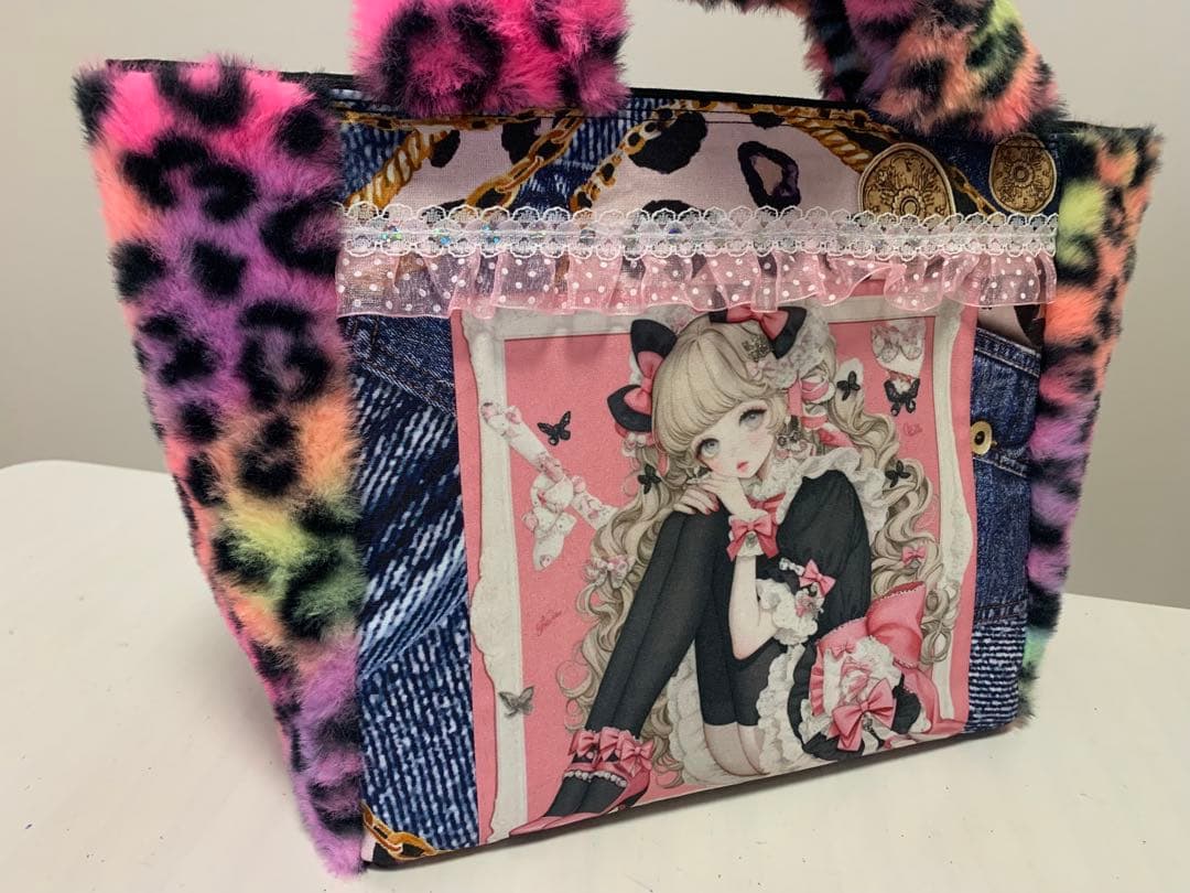 【確認用】バタフライレディカラフル豹柄ファーボックストート　ポーチ/マスコット付