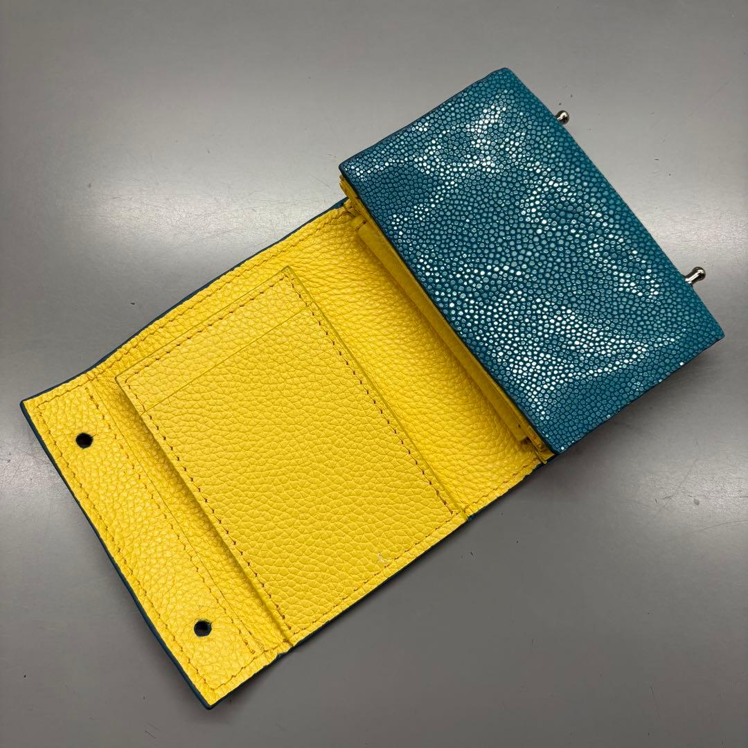 スティングレイ 折り財布 ターコイズ×イエロー エイ革 コンパクト ガルーシャ