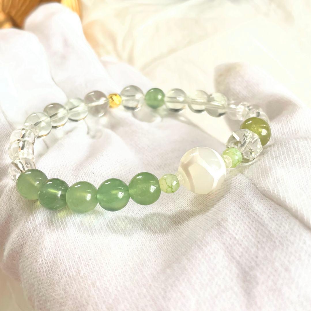 【亀甲長寿天珠】白玉髄 天珠 天然石 グリーンアメジスト サーペンティン ブレス