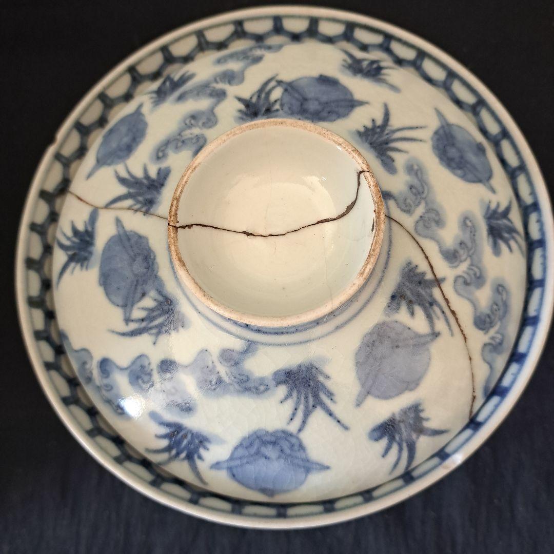 「大人気 波兎(なみうさぎ)の古伊万里蓋茶碗(直径12cm)」 染付碗 骨董アン