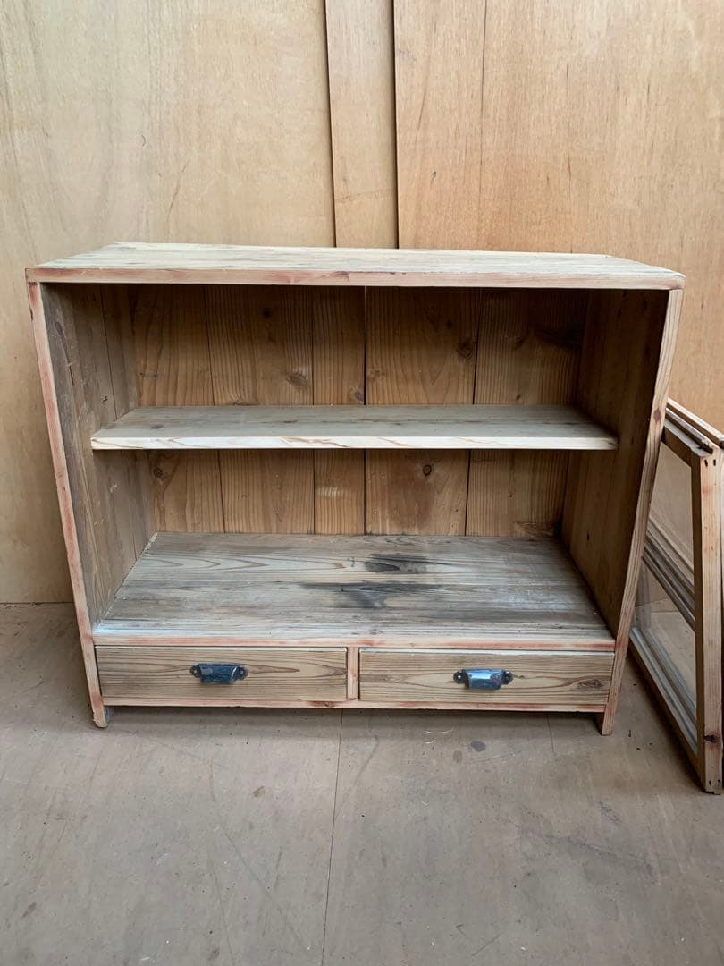 古い木全面ガラス収納陳列棚戸　引き出し2杯　店舗什器古家具