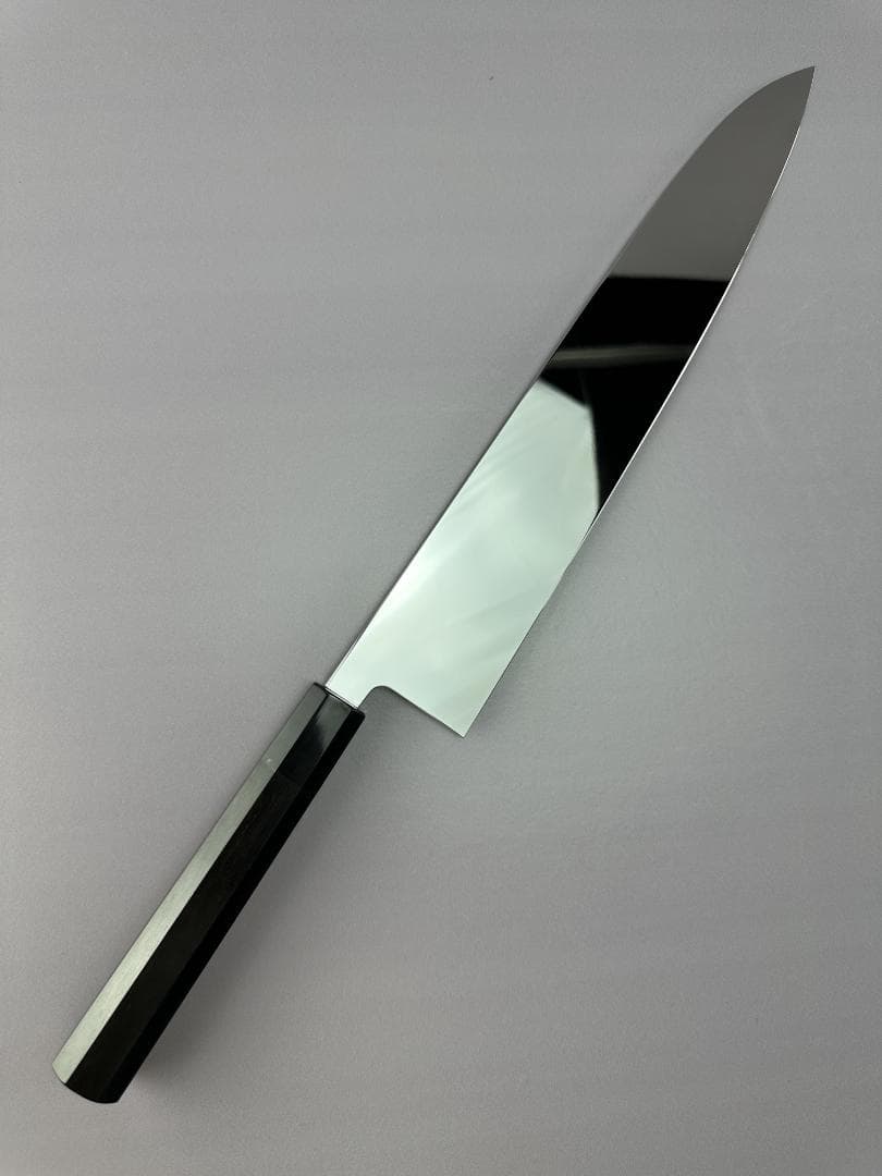 5512特大牛刀 尺一 ウルトラ鏡面仕上げ 両刃包丁 刺身包丁 黒檀黒水牛八角柄