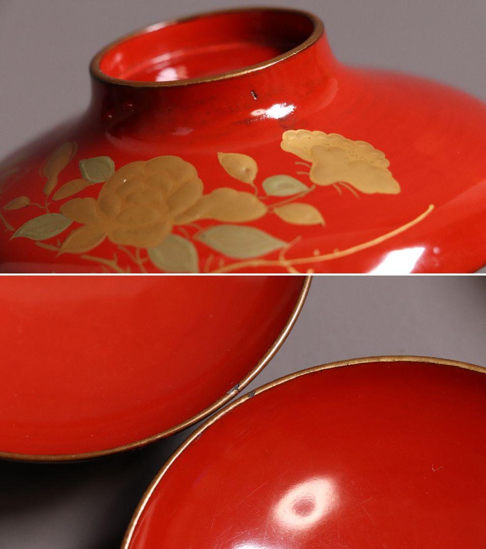 漆芸 明治大正 時代蒔絵椀 五客 天然木 草花 朱塗 金蒔絵【MA358】